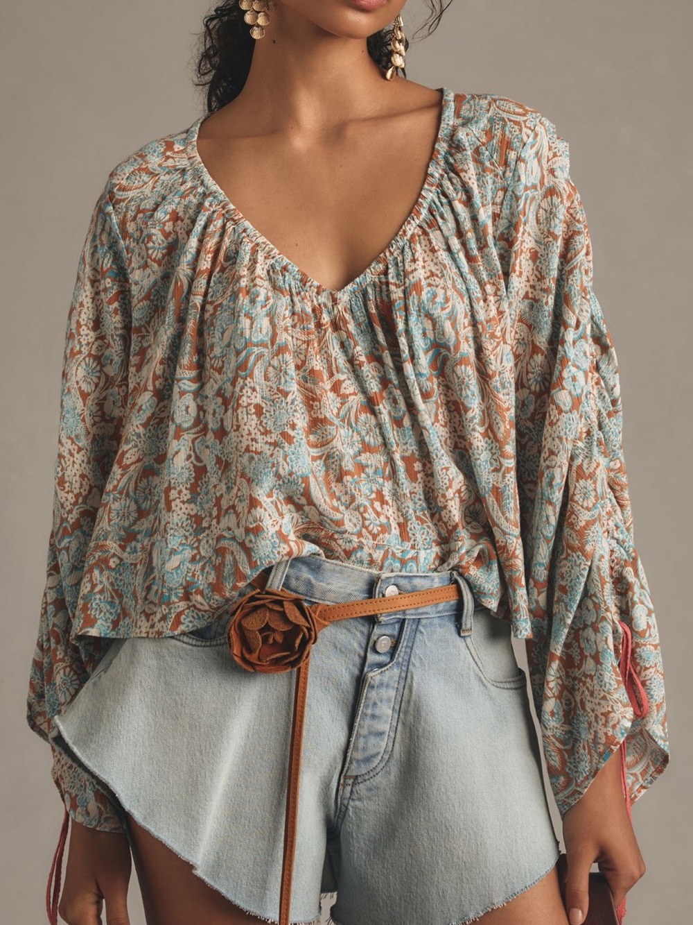 Anthropologie Blue Long Sleeved Shirred Floral Peasant Blouse Size Small